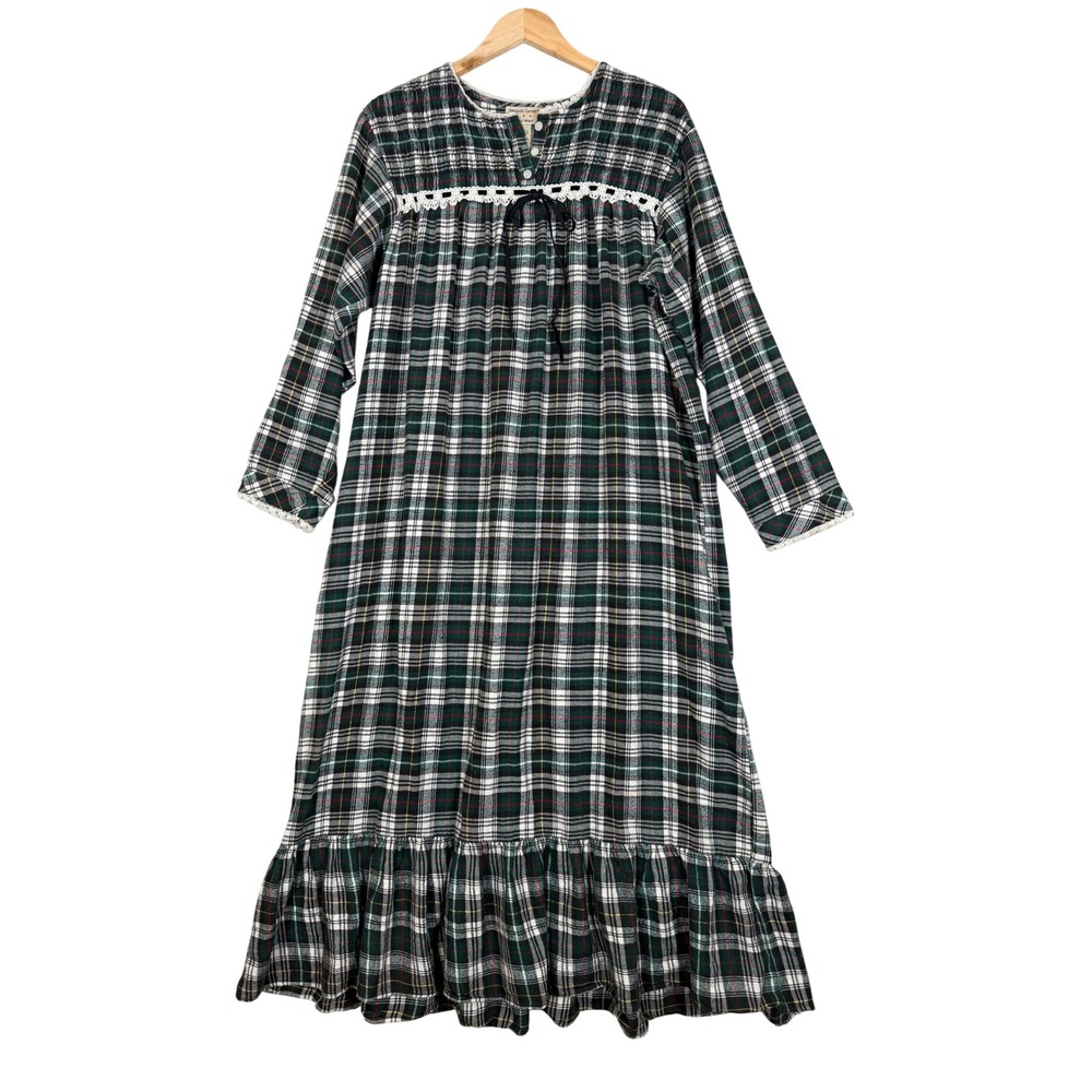 VTG Amanda Stewart Plaid Nightgown Medium Green White Cotton Flannel Lace Trim‎